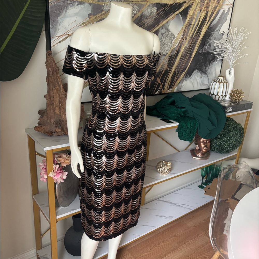 Off-Shoulder Black and Rose Gold Sequin Cocktail Dress